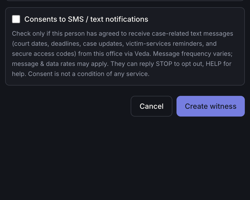 Veda intake form showing an unchecked SMS-consent checkbox with the disclosure text above